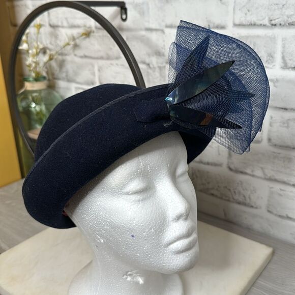 Vintage Bellini Bollman New York 100% Wool Fascinator Hat, Derby, Navy Blue - Picture 3 of 7